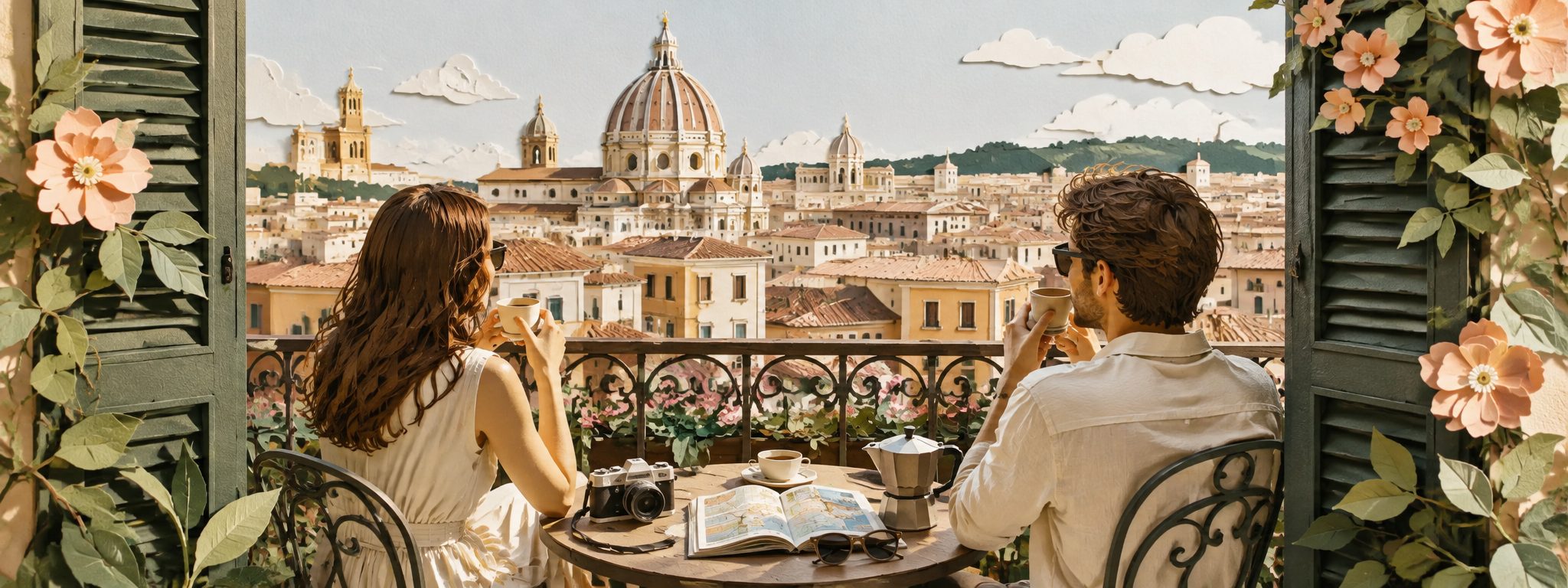A couple with a camera and a paper map on a balcony overlooking a European old-town skyline, planning their trip