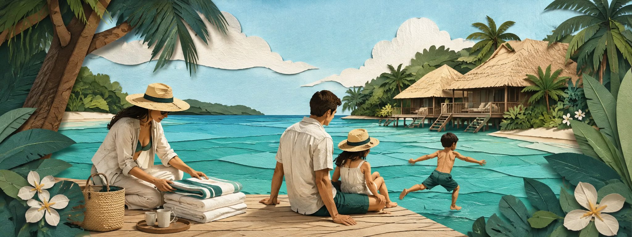 A family of four, two parents and two kids, relaxing on a dock in front of overwater bungalows while planning an upcoming trip