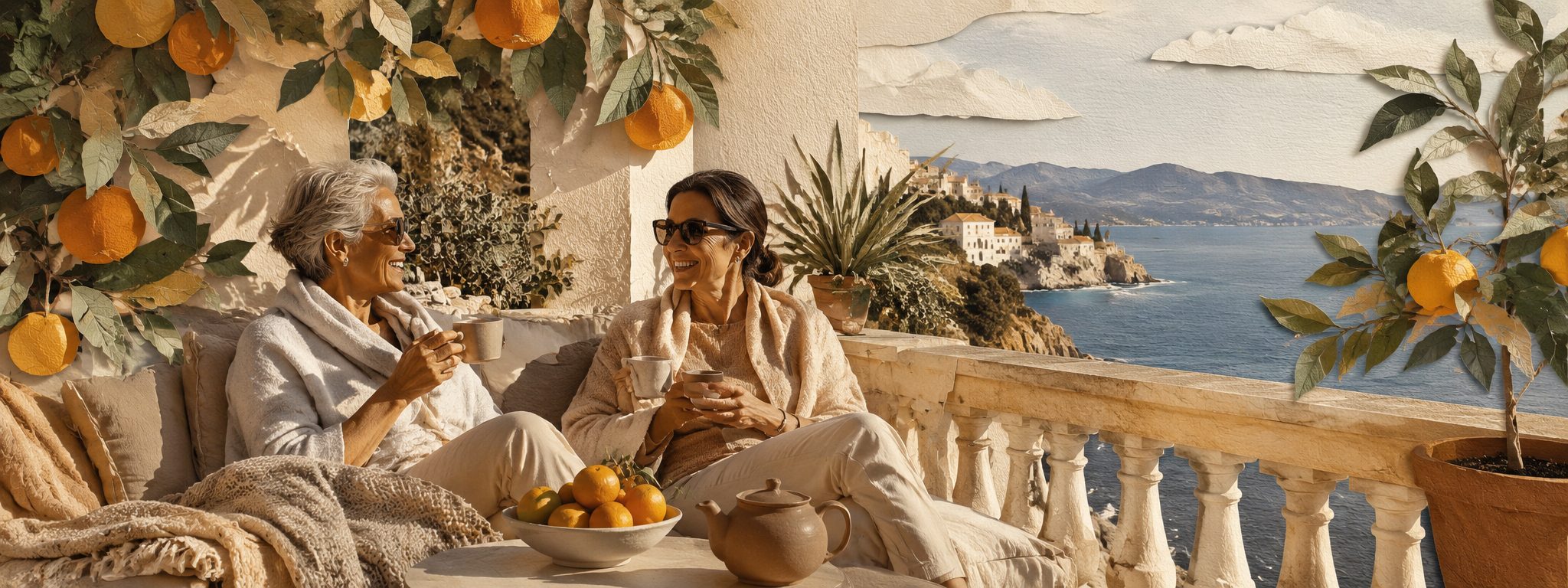 Two travelers relaxing with coffee on a coastal terrace overlooking a European hillside town by the sea
