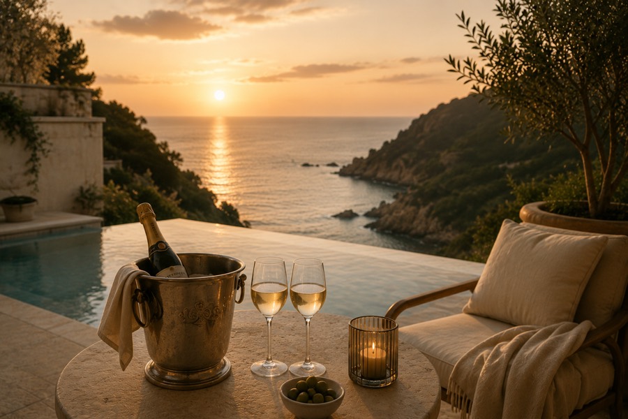 The hotel — clifftop pool terrace at sunset